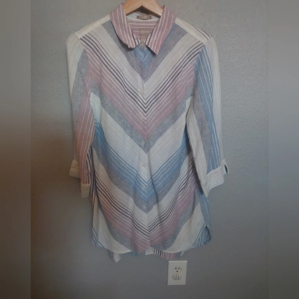 Chicos Linen Striped Tunic Top Blouse Multicolored Beach Resortwear 8/10